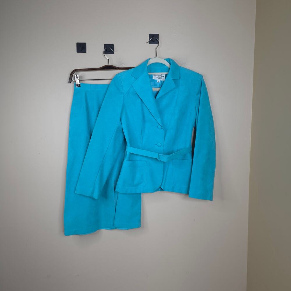 Vintage Roth-Le Cove Ultra Suede Belted Jacket Midi Skirt in Teal Size 6